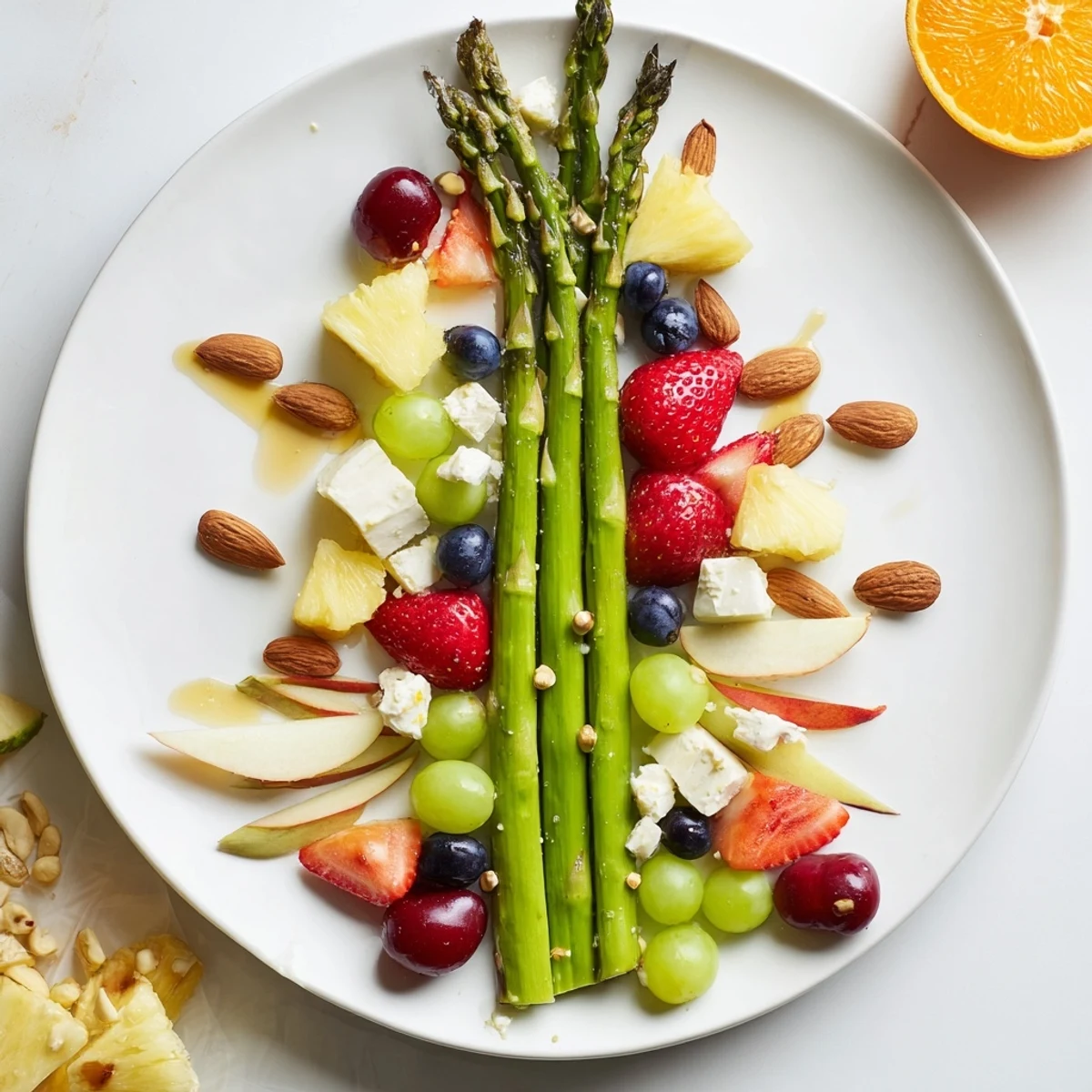 Fresh Asparagus Stem Floral Fruit Board bursting with color; strawberries, grapes, and oranges create a vibrant display.