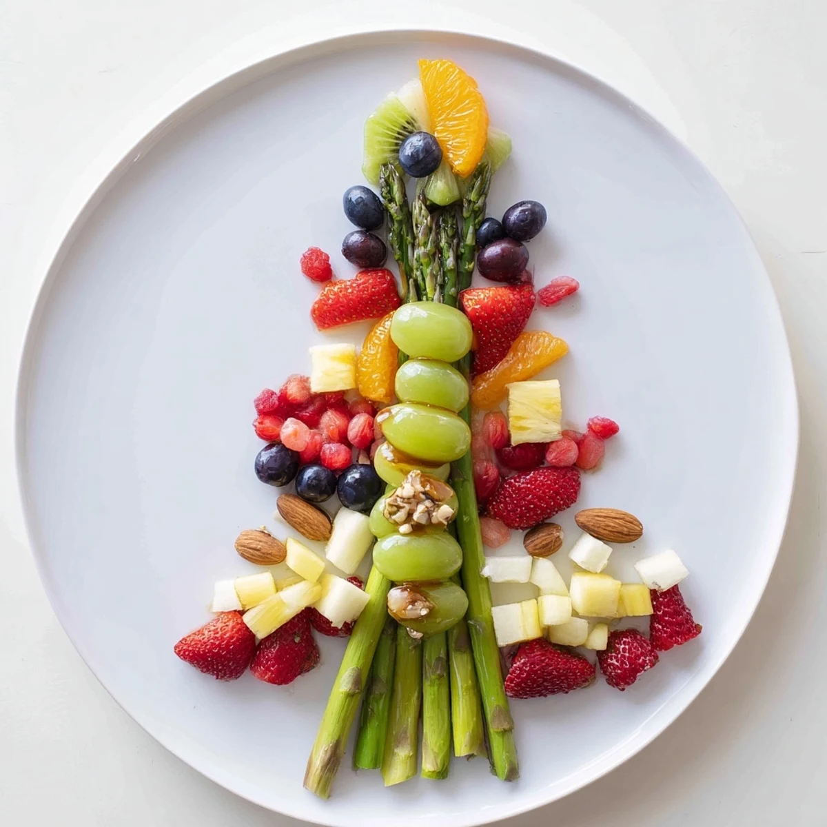 Arranged on a platter, this Asparagus Stem Floral Fruit Board showcases beautiful asparagus stems amid various fresh fruits.