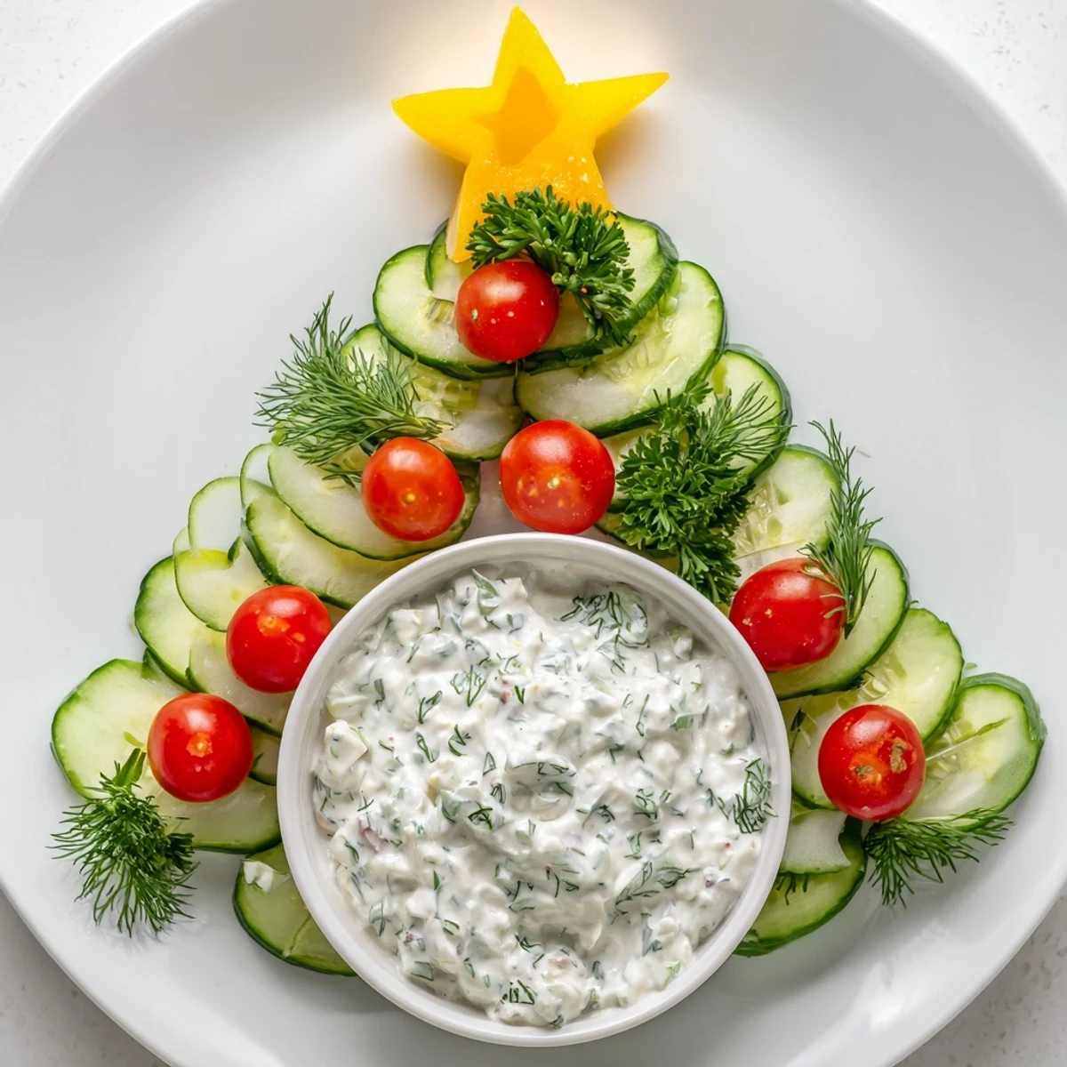 Festive Cucumber and Tomato Tree Dip Platter with vibrant red tomatoes and creamy dip center.
