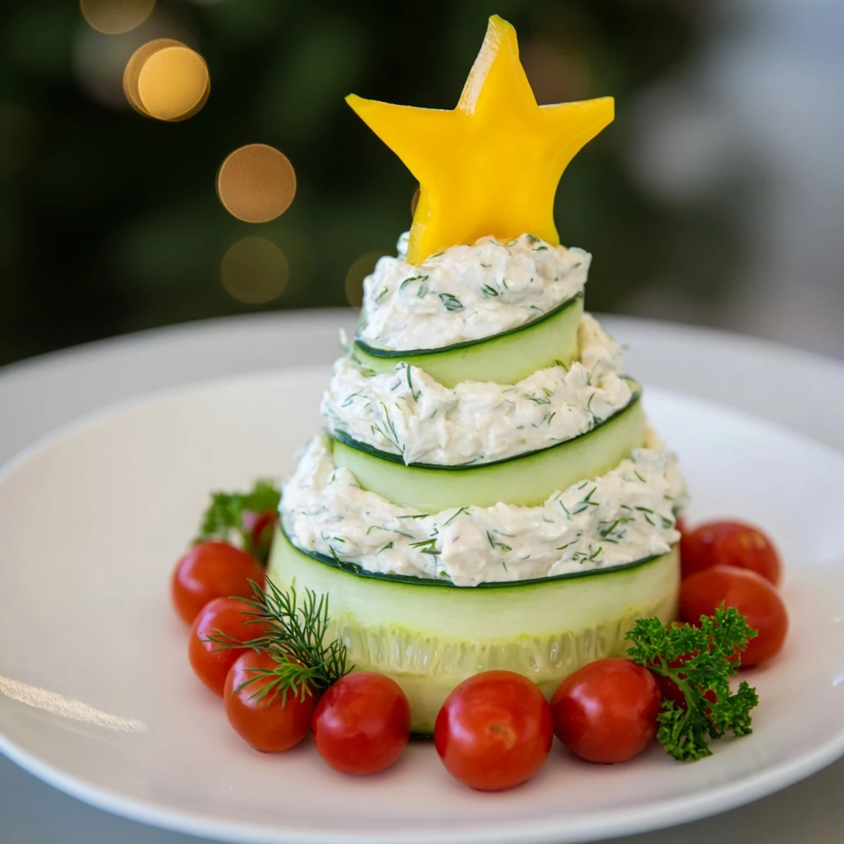 Fresh cucumber and tomato tree dip appetizer; a vegetarian-friendly, party-ready, flavorful creation.