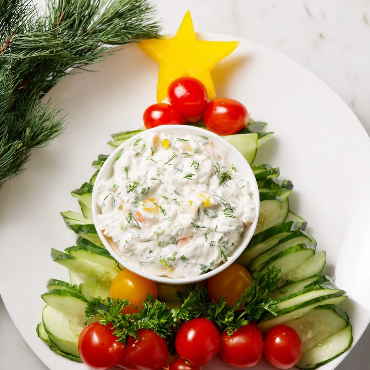 Holiday-themed Cucumber and Tomato Tree Dip: a delicious, colorful, and refreshing summer party centerpiece.