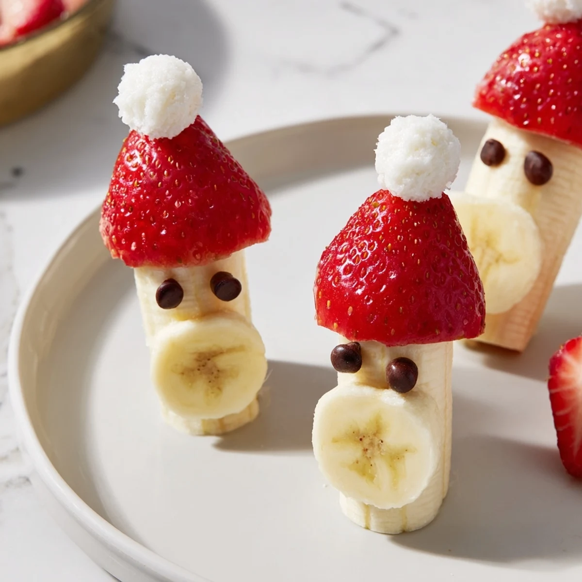 Banana Strawberry Santa Skewers, a fun, festive treat with sweet strawberries, bananas, and chocolate chip eyes are ready to eat.