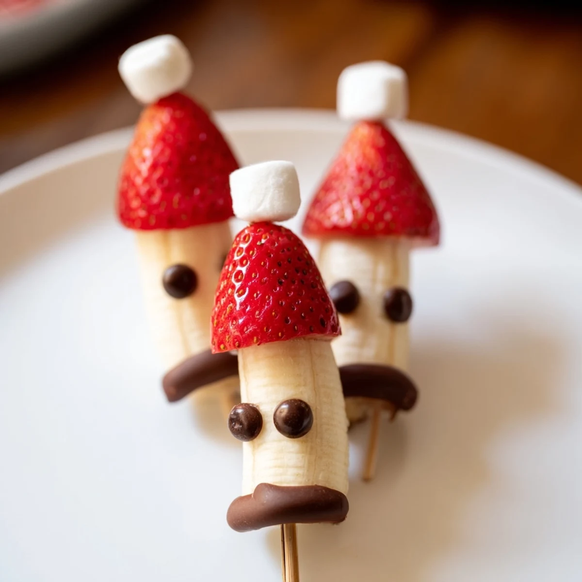 Easy to make, these Banana Strawberry Santa Skewers showcase banana rounds with strawberry hats and a creamy white chocolate beard.