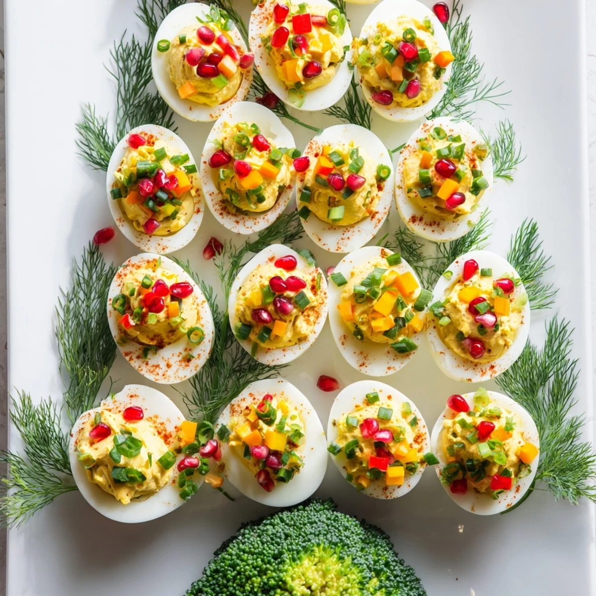 Christmas Tree Deviled Eggs Platter: A festive arrangement of creamy deviled eggs with colorful bell pepper "ornaments."