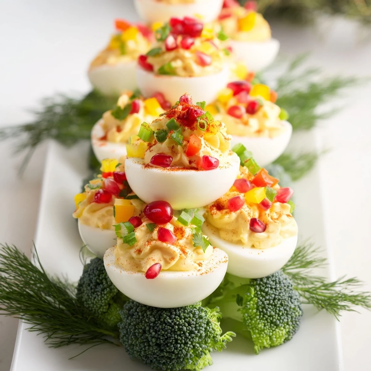 Holiday appetizer: This Christmas Tree Deviled Eggs platter is decorated with chopped vegetables and fresh dill.