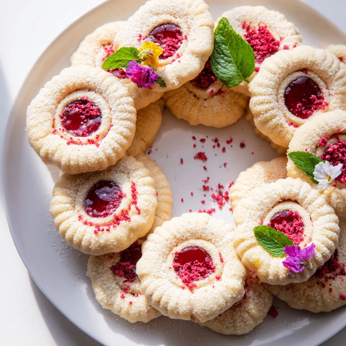 Freshly baked raspberry wreath cookie platter, dusted with powdered sugar, ready to enjoy.