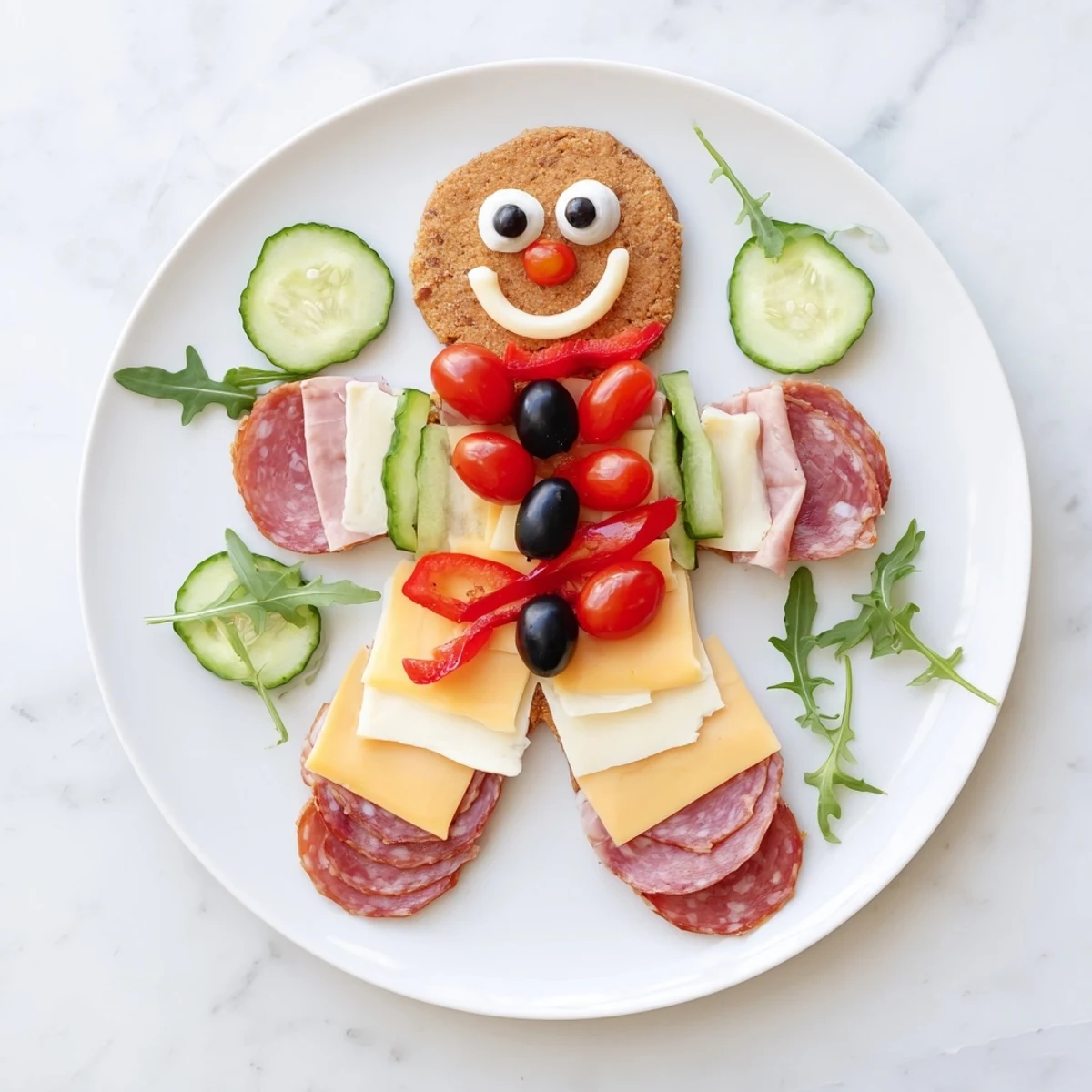 Savory gingerbread man charcuterie with a festive arrangement of meats, cheeses, and colorful vegetables.