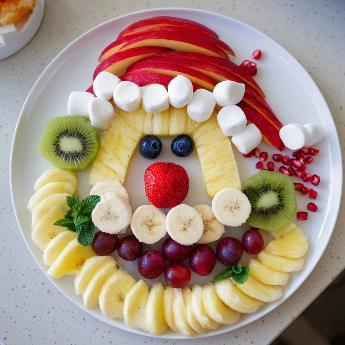 A colorful Santa Fruit Platter showcasing a banana face with kiwi eyes atop a pineapple beard for Christmas.
