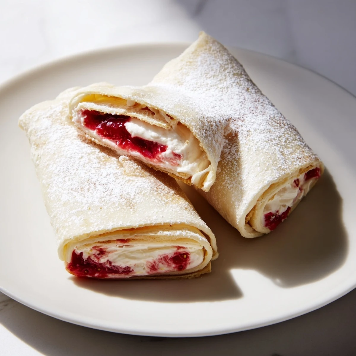 Snow Angel Tortilla Wraps, cut diagonally, dusted with powdered sugar, ready for a delicious snack.