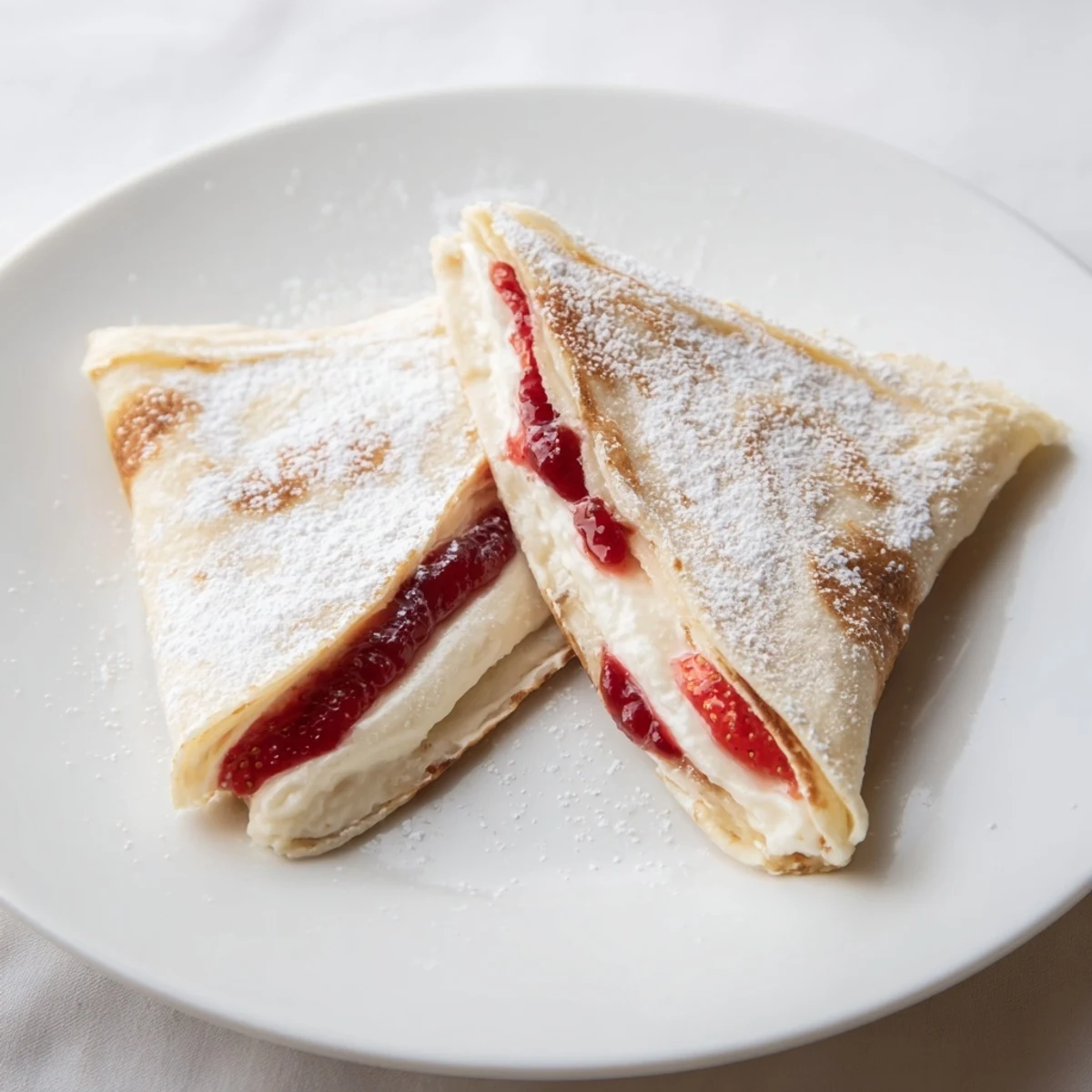 Sweet strawberry jam peeks from a cut Snow Angel Tortilla Wrap, dusted in powdered sugar for a treat.