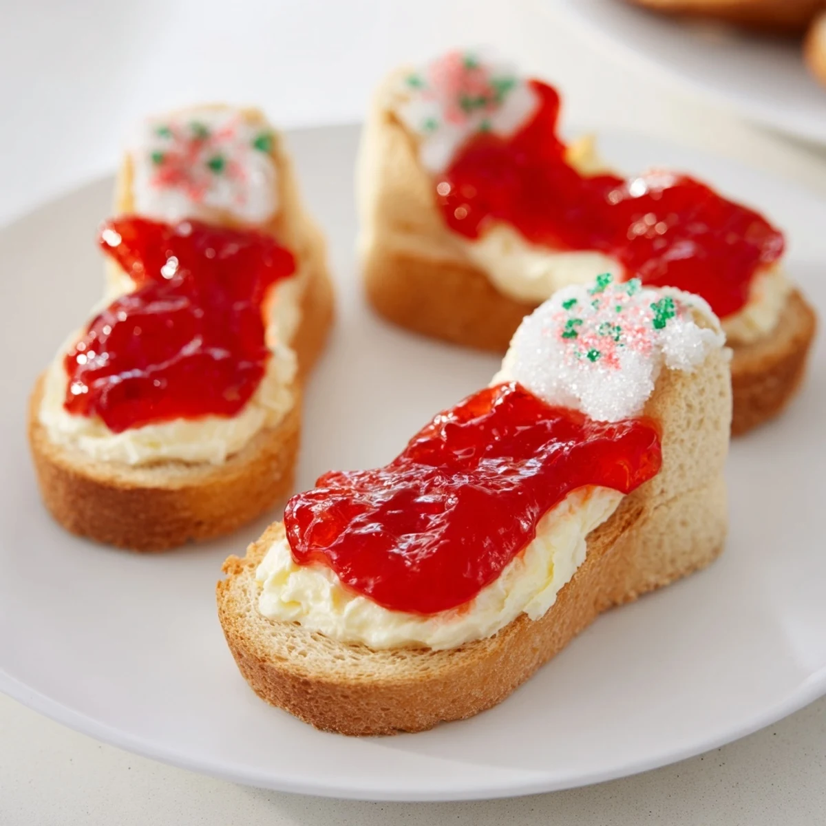 Crispy Elf Shoe Shaped Toast Bites, savory and sweet, ready for holiday brunch enjoyment.