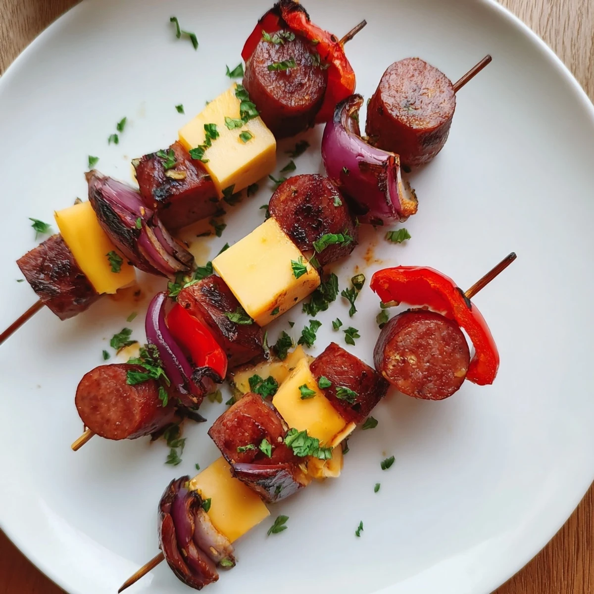Savory skewers of chimney stack sausage and cheese with grilled, melting cheese and colorful vegetables.