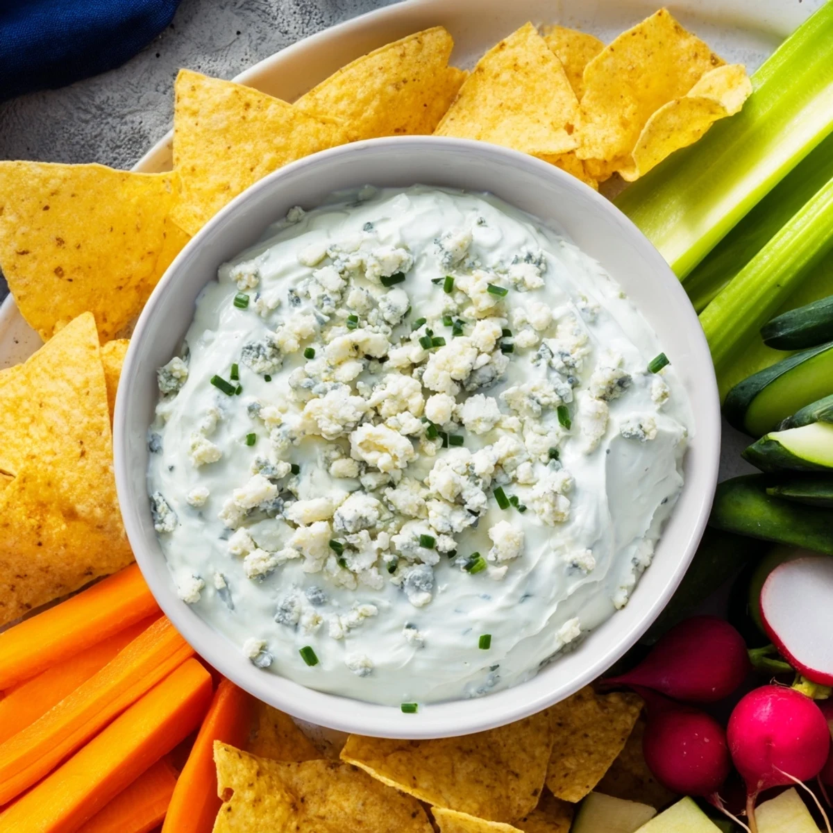 A beautiful Frozen Pond Blue Dip Platter, overflowing with chips and crisp, colorful veggie dippers.