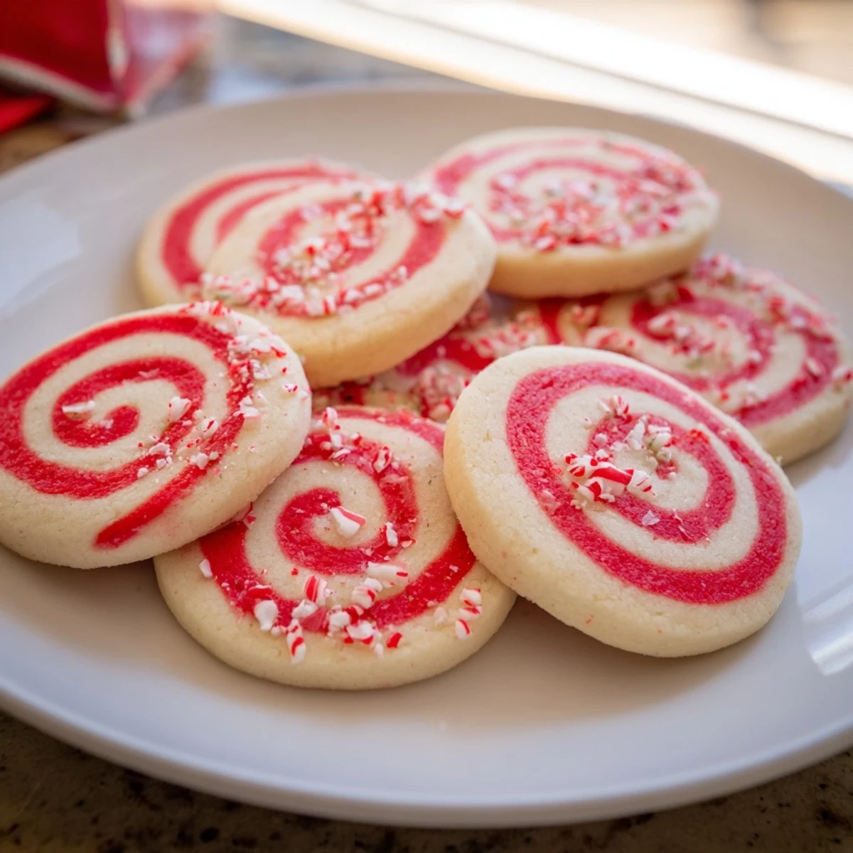 Freshly baked Candy Cane Swirl Cookie Platter, with vibrant red peppermint spirals and glistening sugar.