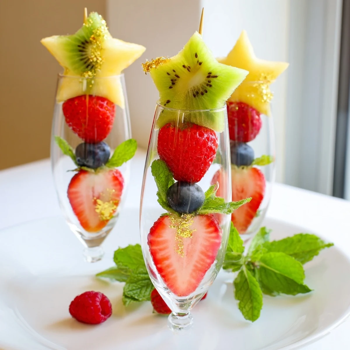 Festive champagne flute fruit garnishes presented visually, showing vibrant fresh fruits enhancing New Year's flutes beautifully.