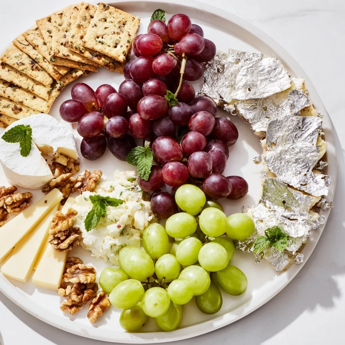 Sparkling Grape and Silver Cracker Platter: A vibrant display of grapes, cheese, and crackers, perfect for New Year's Eve.