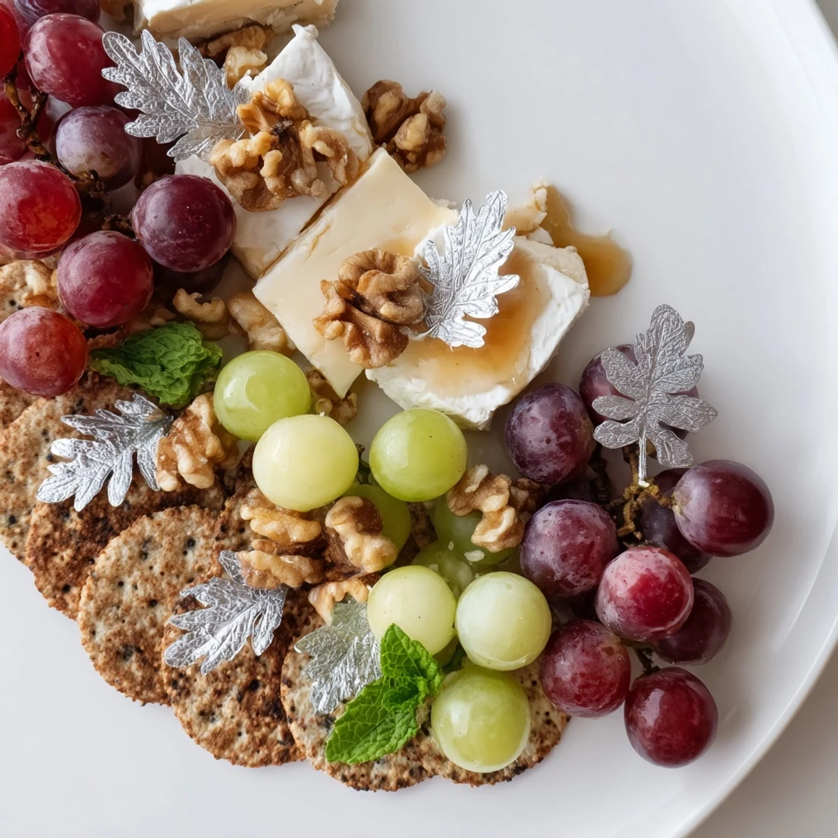 This Sparkling Grape and Silver Cracker Platter showcases a mouthwatering array of grapes, cheeses, and silver-dusted crackers for elegant entertaining.