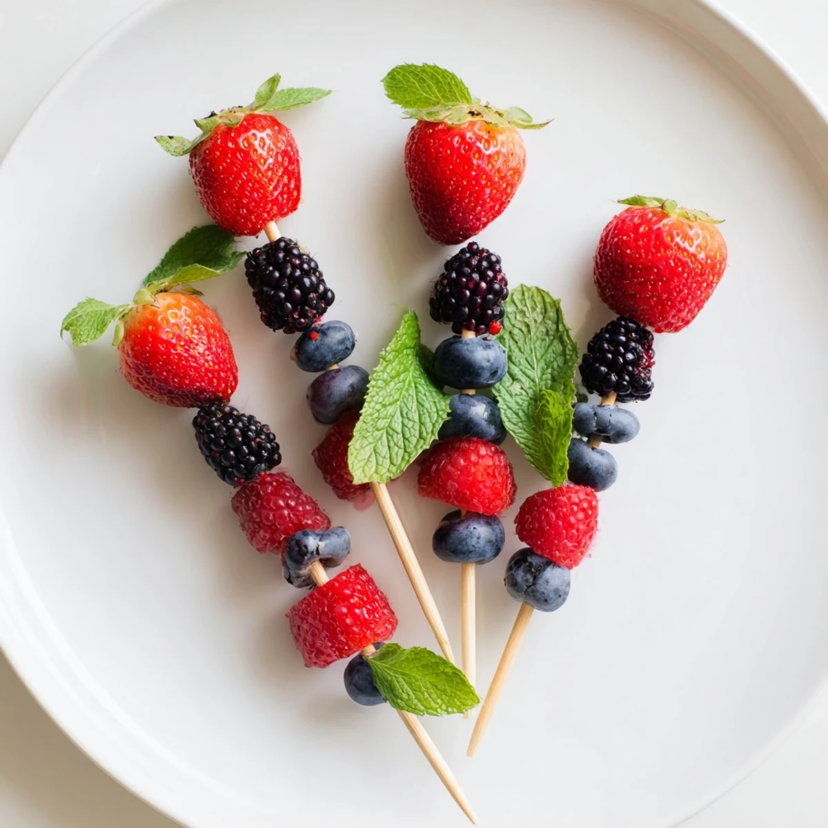 Juicy Fruit Skewers with vibrant berries and fresh mint, perfect for a refreshing summer treat.