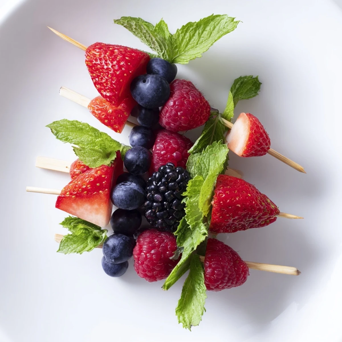 Colorful Fruit Skewers showcasing plump strawberries, blueberries, and blackberries with fragrant mint leaves.