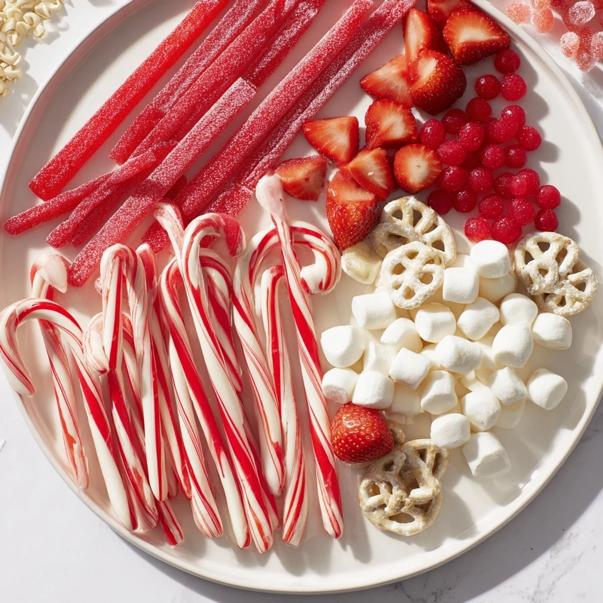 Festive Sweet Board, offering a variety of red and white candies, perfect for holiday serving and delight.