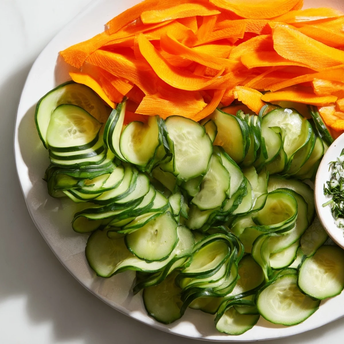 Fresh, colorful Veggie Platter: Fan-Shaped Cucumber and Carrot Dip Tray with creamy herbed dip, ready to enjoy.