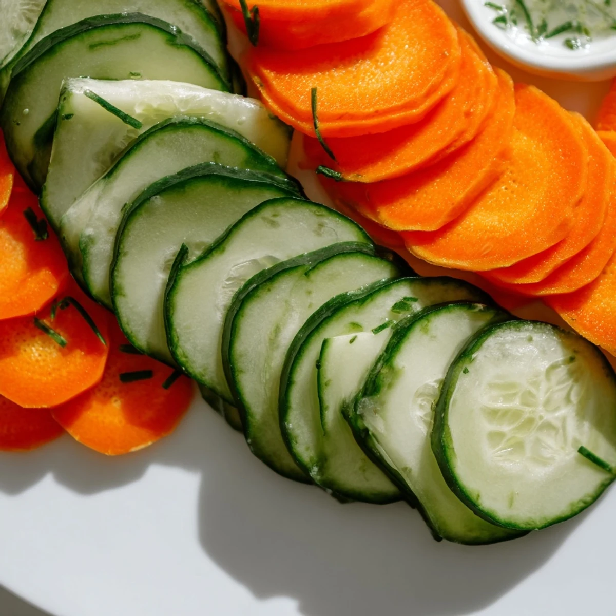 Crisp cucumber and carrot fan, a beautiful Veggie Platter with a vibrant array of fresh vegetables and dip.