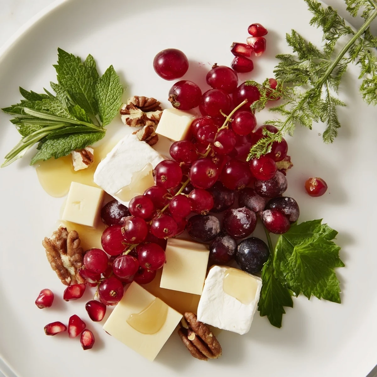 Vibrant The Holly Berry Cluster appetizer adorned with fresh berries, creamy cheeses, and aromatic herbs.
