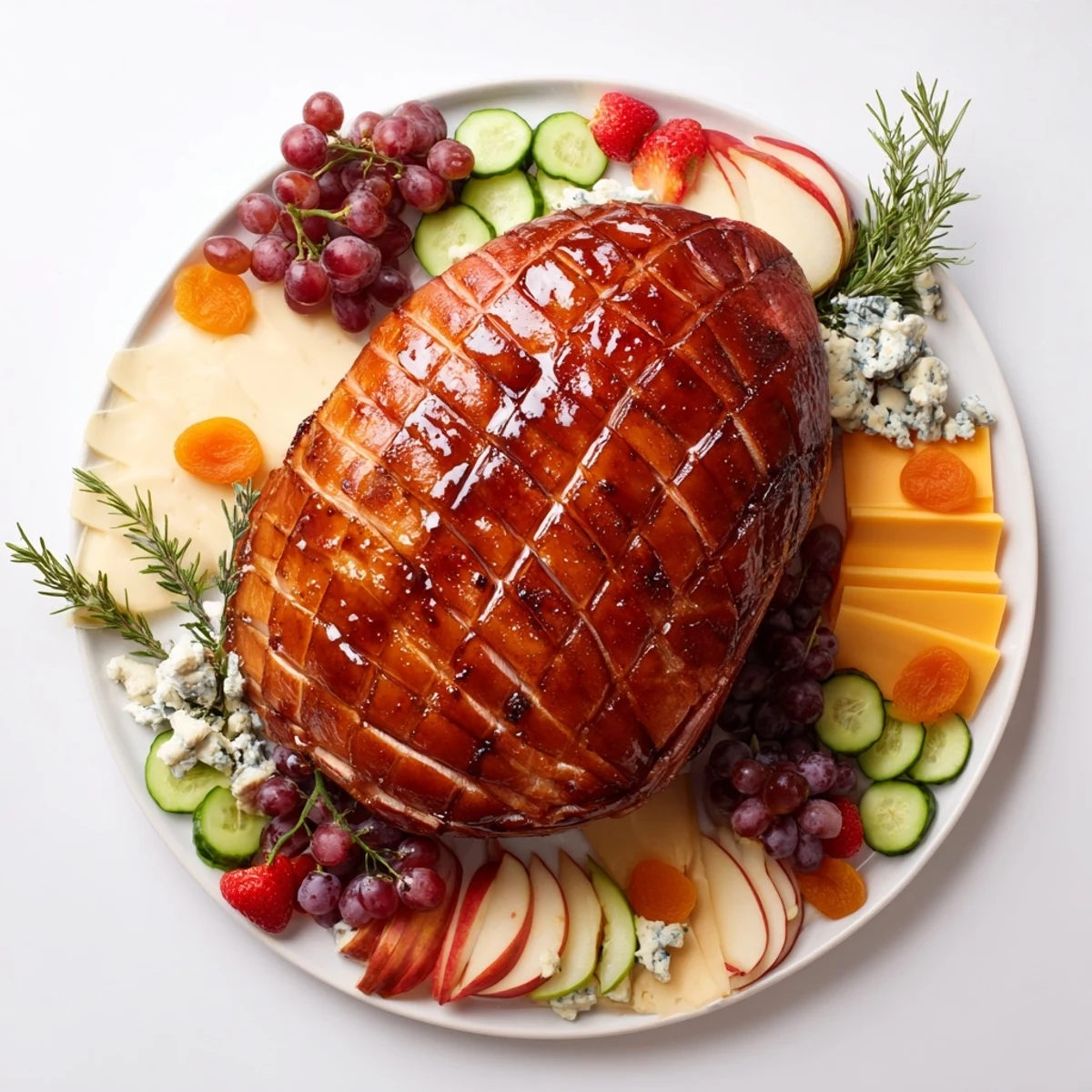 Juicy glazed ham centerpiece board, laden with cheeses, fruit, and crackers for a festive gathering.