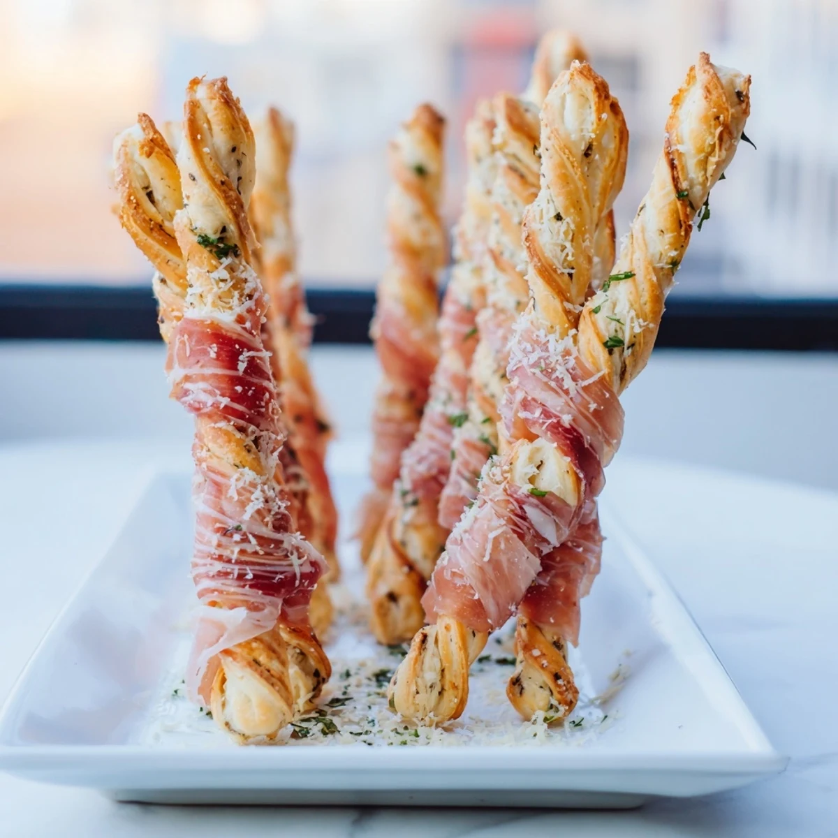 Savory prosciutto ribbons connect the breadstick "towers" in this Golden Gate appetizer, ready to serve.