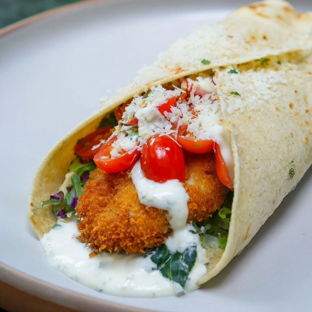 Crispy Santa Hat Chicken Caesar Wrap filled with romaine, juicy chicken, and a creamy Caesar dressing.