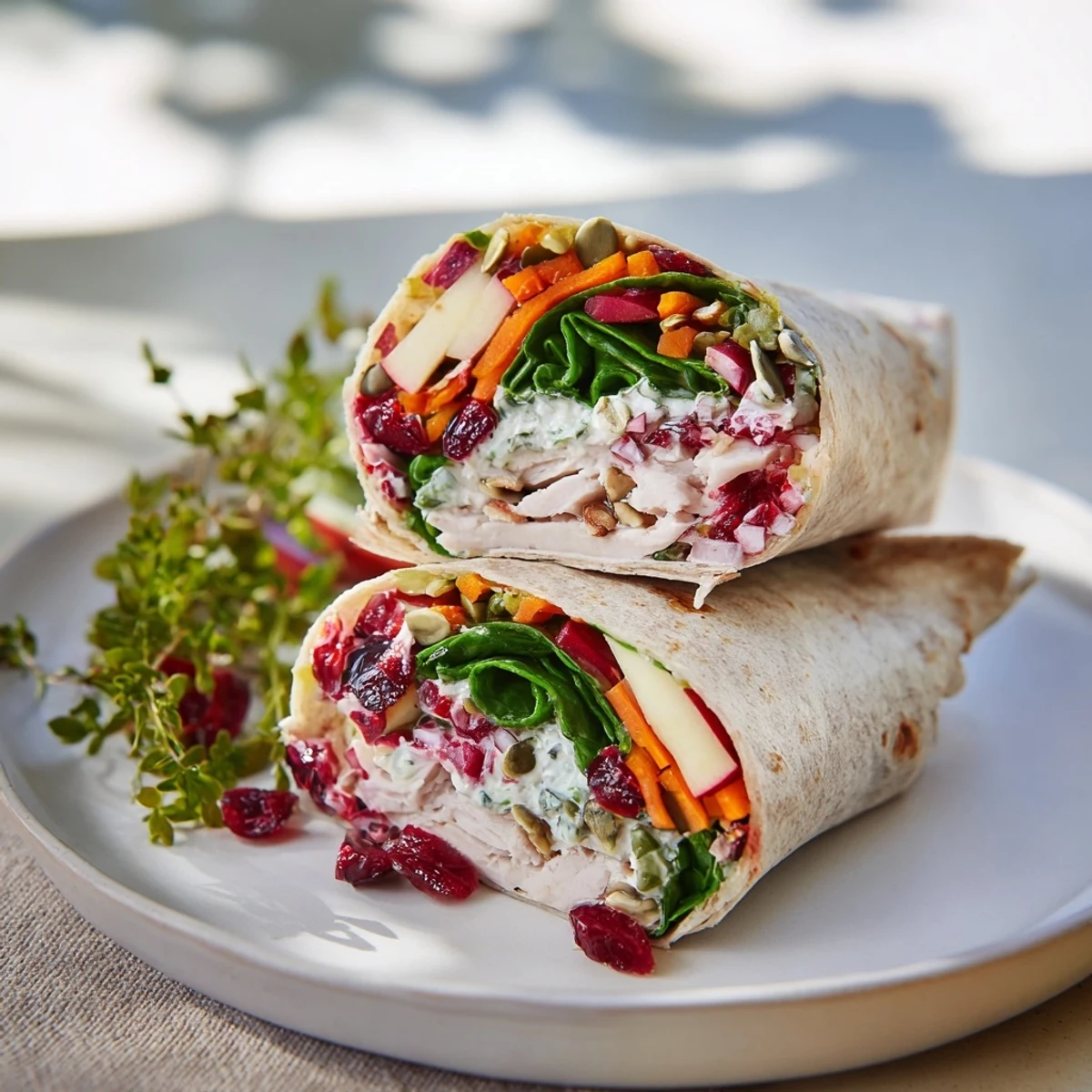 Cranberry apple slaw turkey wraps with a creamy Greek yogurt dressing, ready to eat.