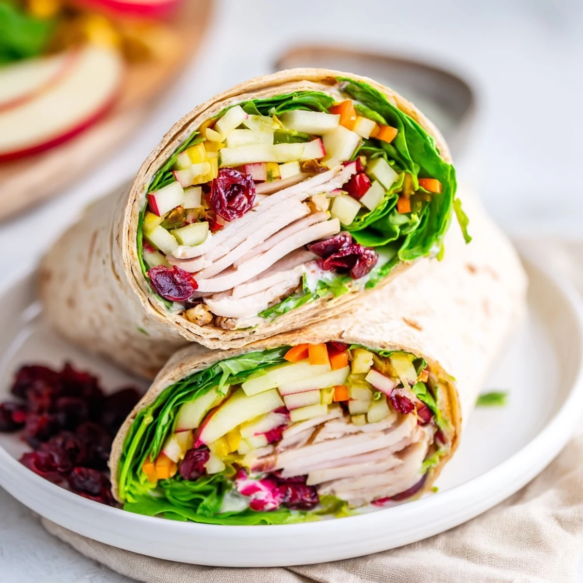 Freshly assembled cranberry apple slaw turkey wraps, showing layers of flavors inside tortillas.