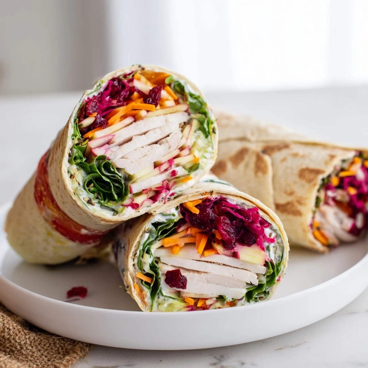 Close-up of a halved cranberry apple slaw turkey wrap, revealing the colorful slaw texture.