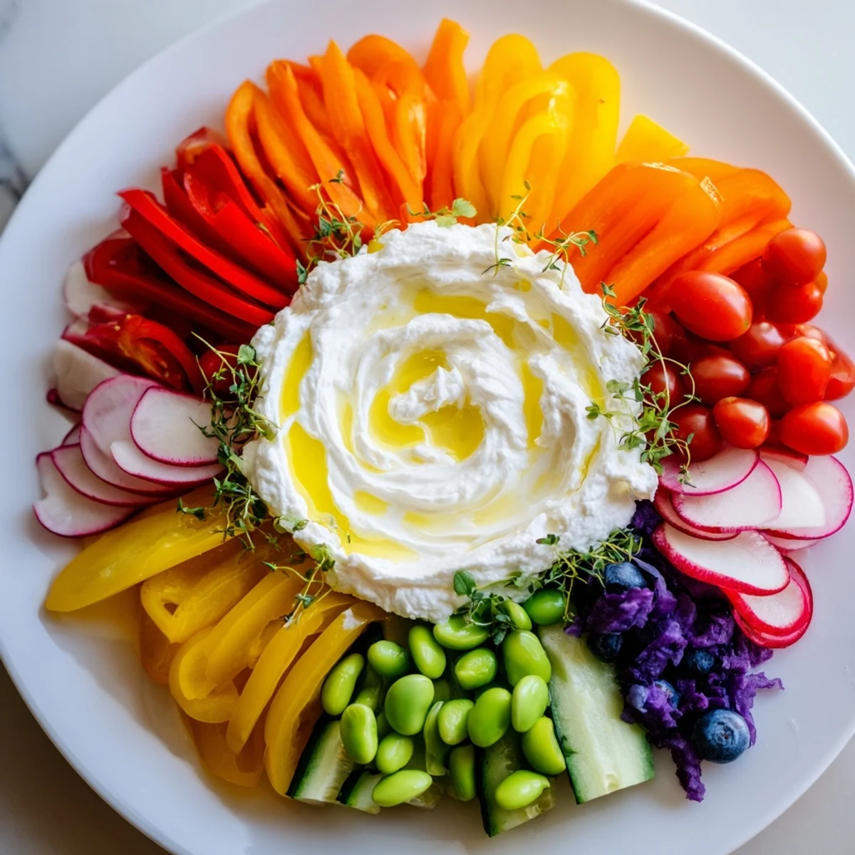 Vibrant Prism Burst salad with fresh, colorful ingredients fanned out from a white base.