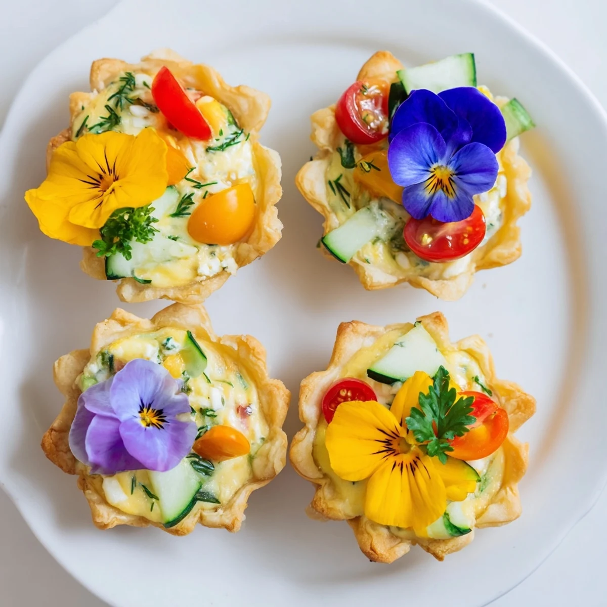 Close-up of golden Couronne Florale Mini Quiches, showcasing colorful vegetables and melted cheese, ready to enjoy.