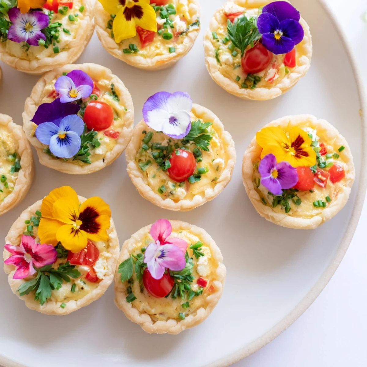 Festive brunch with Couronne Florale Mini Quiches, garnished with fresh herbs and edible flowers, ideal finger food.