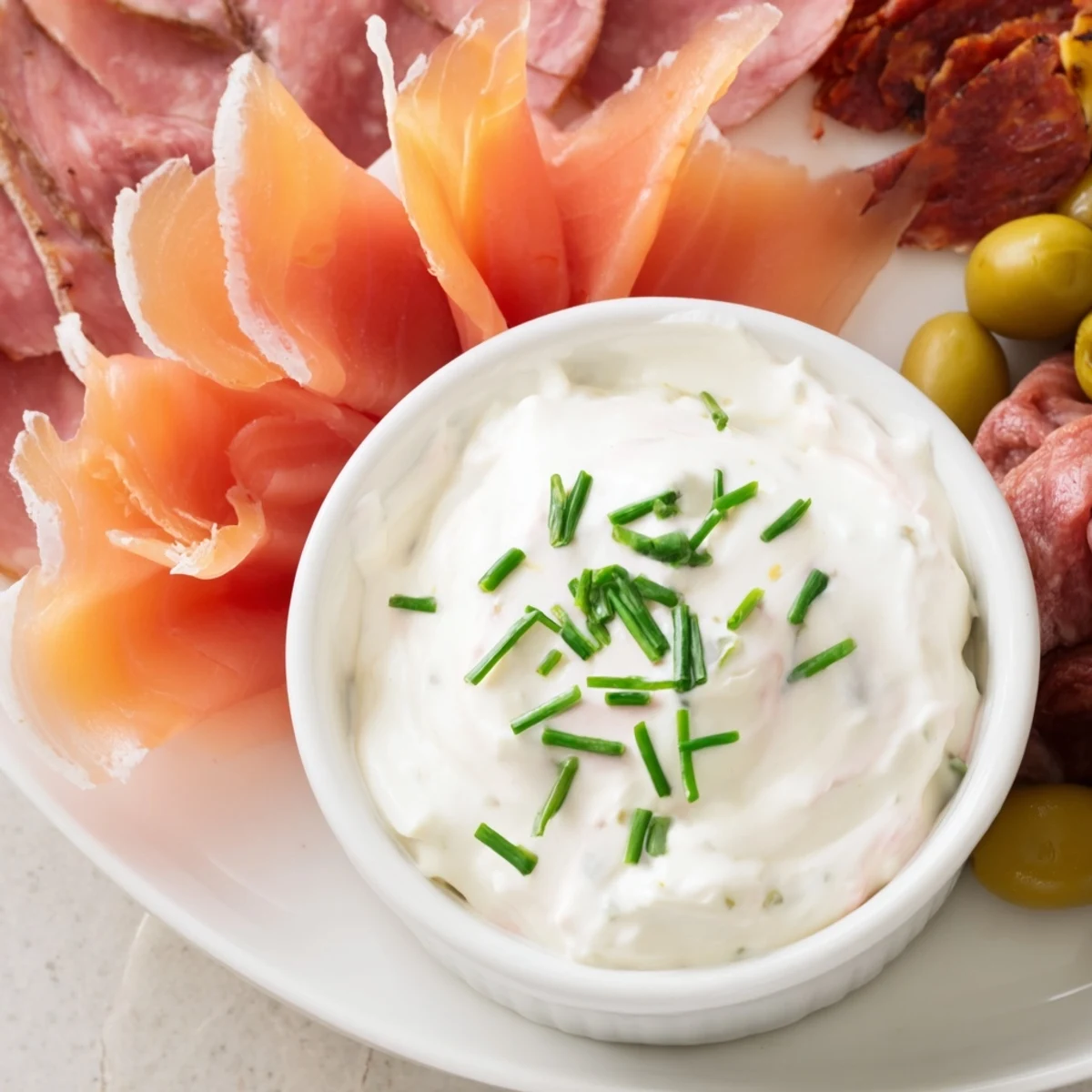 Appetizing "Compass Rose" appetizer arrangement with cured meats surrounding a creamy dip in the center.