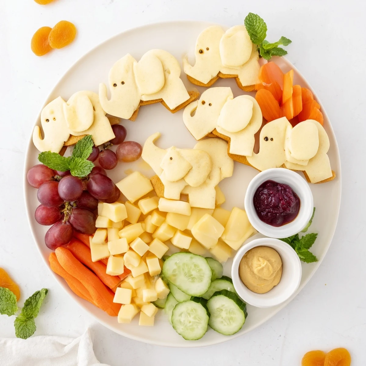 The vibrant Gentle Giant Elephant Cracker Board: a whimsical appetizer with colorful fruits and cheeses.