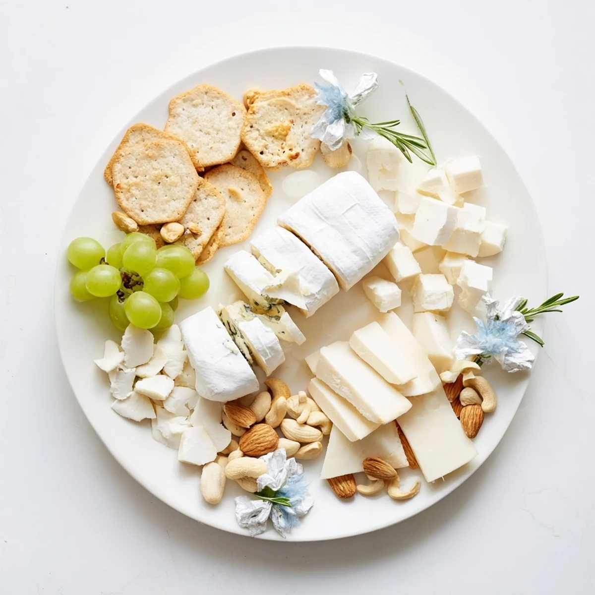 Elegant Winter Wonderland Platter featuring cheeses, nuts, and crackers, perfect for a festive appetizer display.