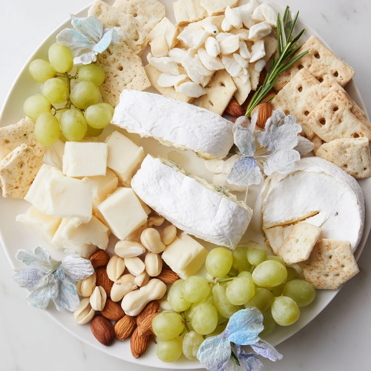 A visually stunning Winter Wonderland Platter with white, silver, and frosty blue elements for a winter gathering.