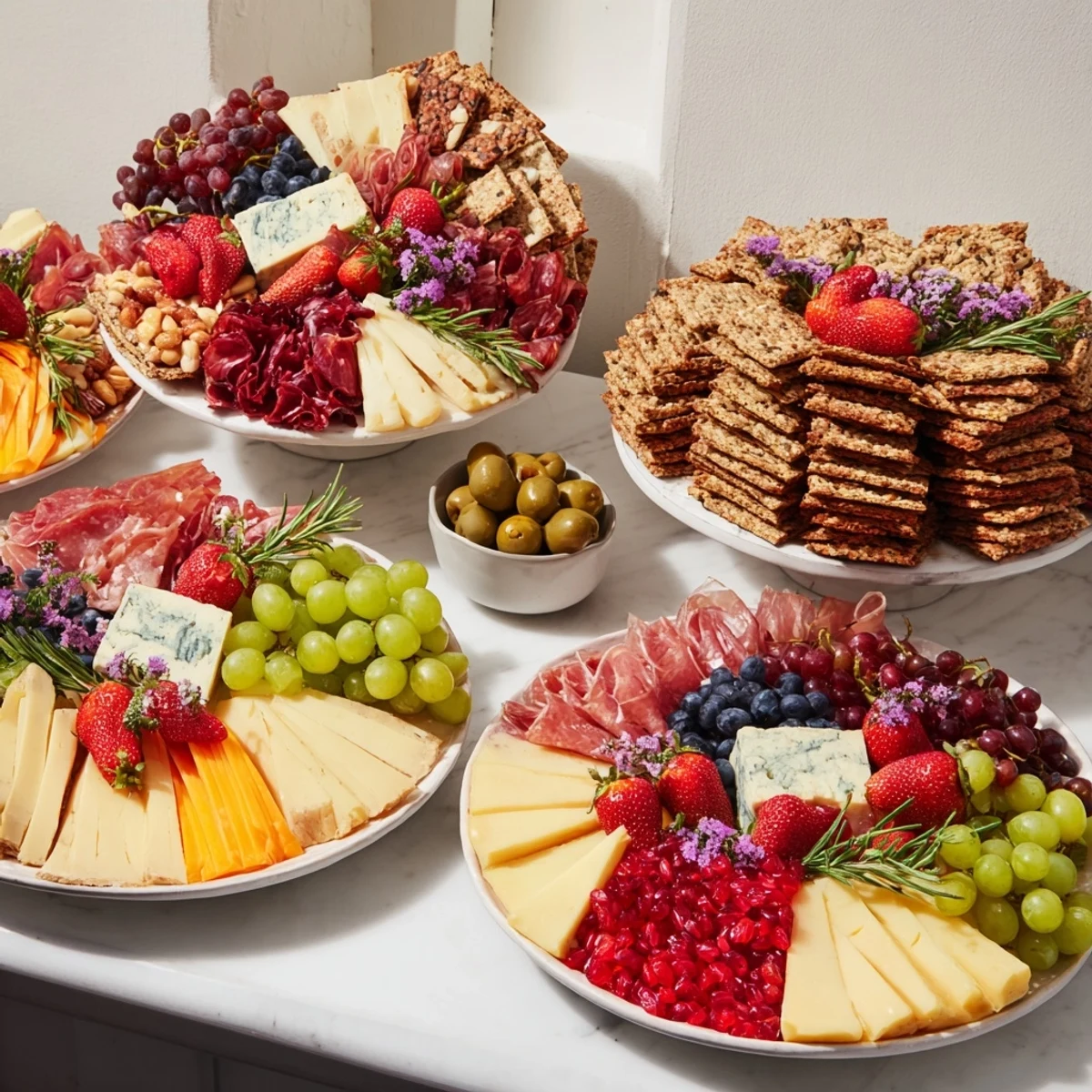 A vibrant, layered The Nutcracker Suite Board overflowing with colorful cheeses, meats, and delicious fruits.