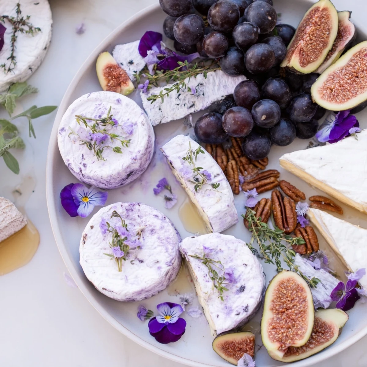 A delectable Lavender Haze cheese platter with vibrant grapes, figs and edible flowers for serving.