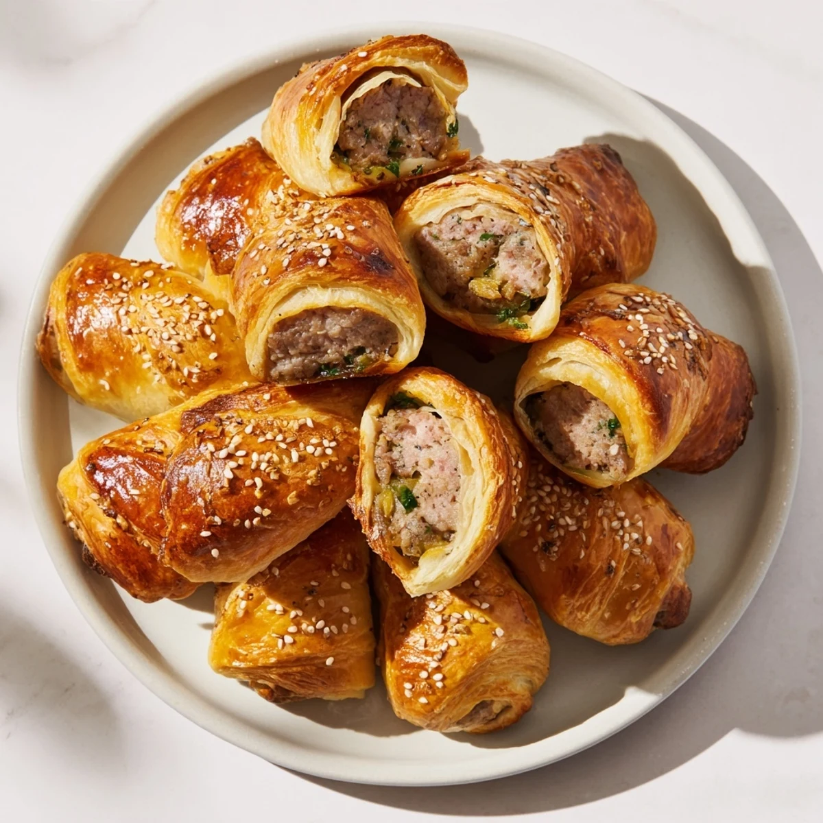 Flaky pastry surrounds delicious herbed sausage, arranged in a festive Savory Bites: Mini Sausage Roll wreath.