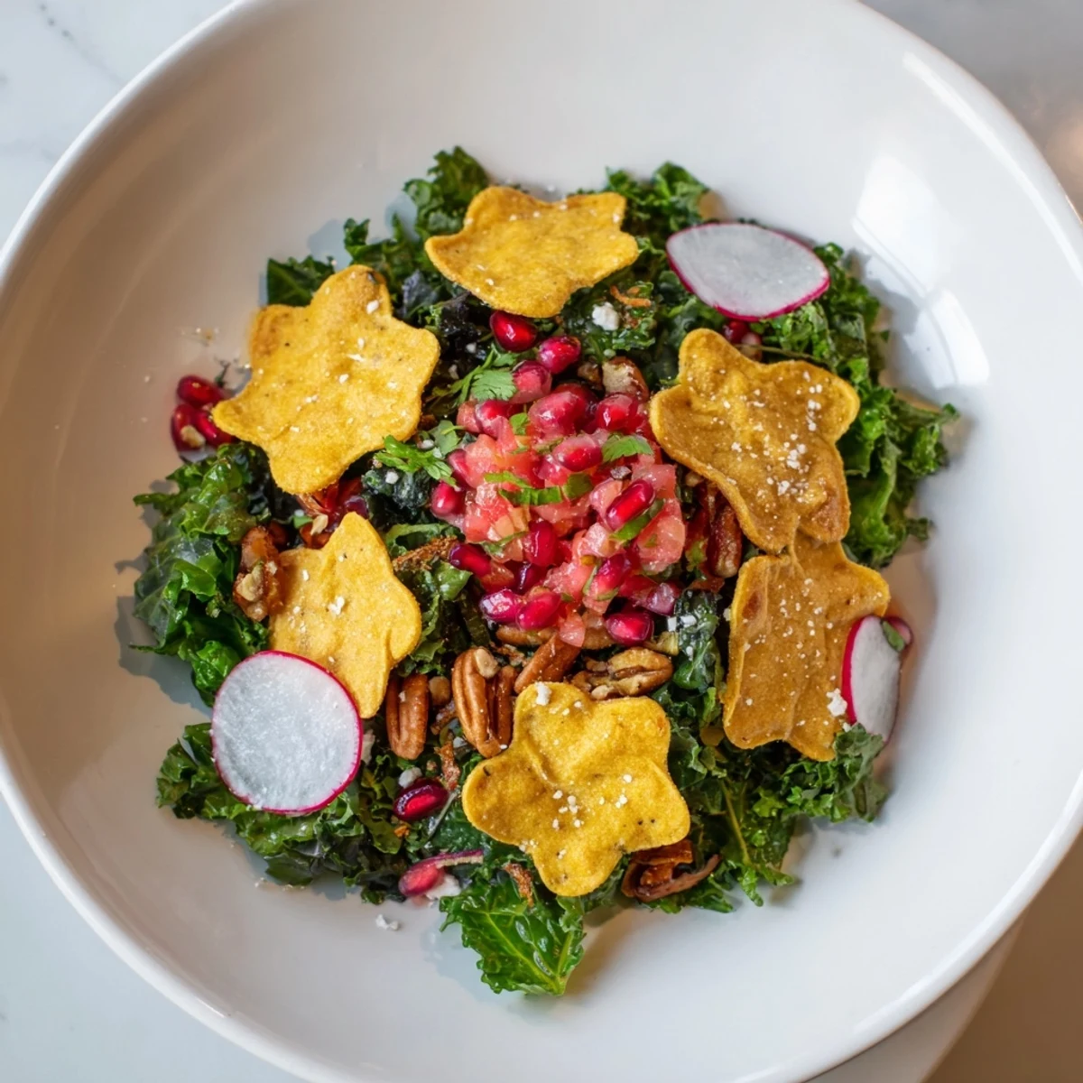 A colorful Winter Salad, topped with snowflake tortilla chips and vibrant, homemade salsa.