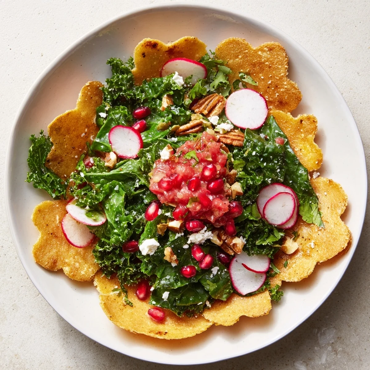 This refreshing Winter Salad features crisp greens, pomegranate seeds, and those unique, snowflake tortilla chips.