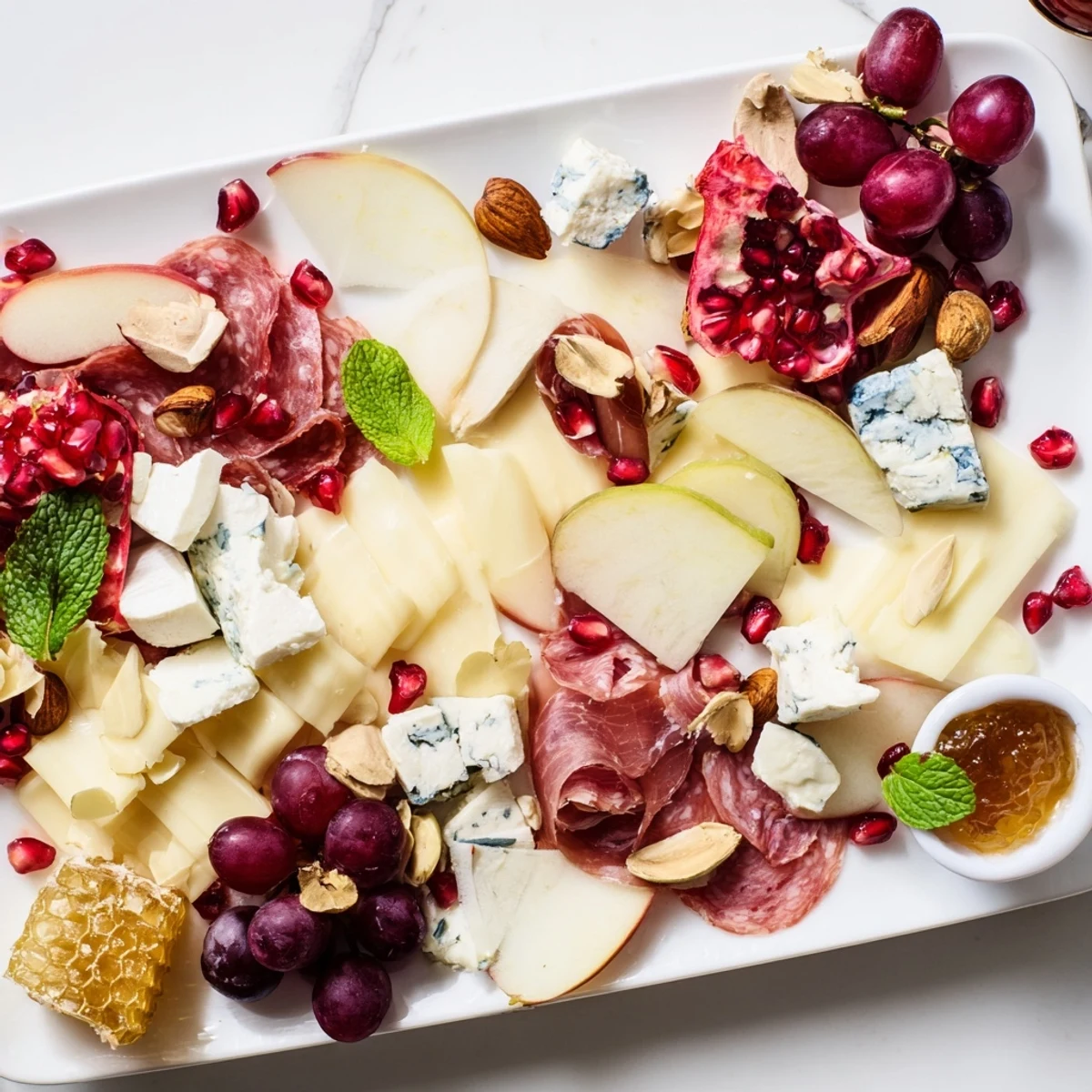 A beautiful Pomegranate Jewel Cascade cheese board, glistening with ruby pomegranate arils and fresh fruit.
