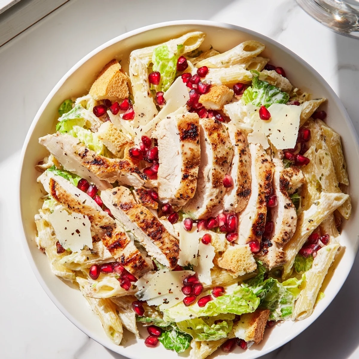 Creamy Chicken Caesar Pasta with pomegranate, bursting with ruby red jewels and fresh flavors.