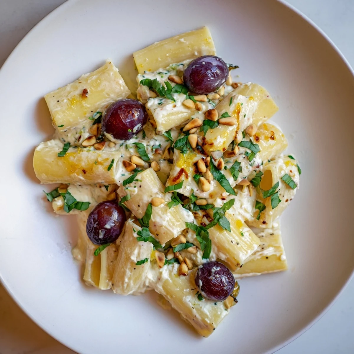 Creamy ricotta coats penne pasta with sweet roasted grapes, a delightful vegetarian pasta recipe.