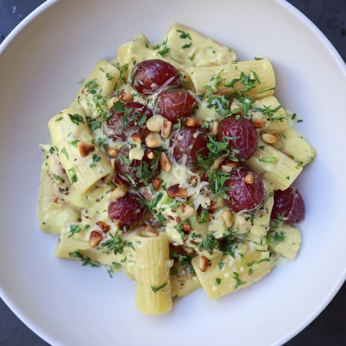 A close-up view displays Pasta with Roasted Grapes, garnished with fresh basil, ready to be enjoyed.