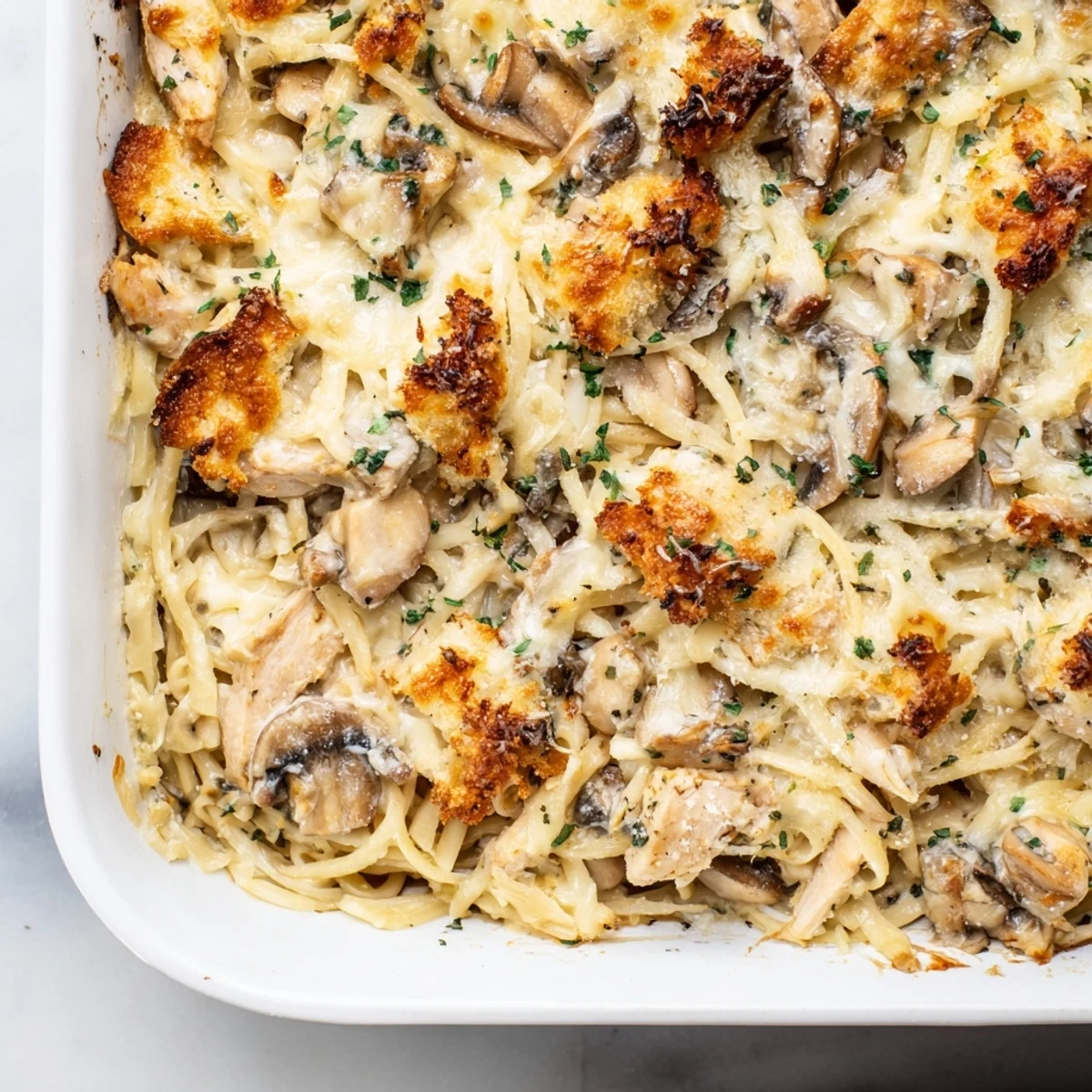 Golden-brown Turkey Tetrazzini casserole with a bubbly cheese topping, a classic comfort food dish.